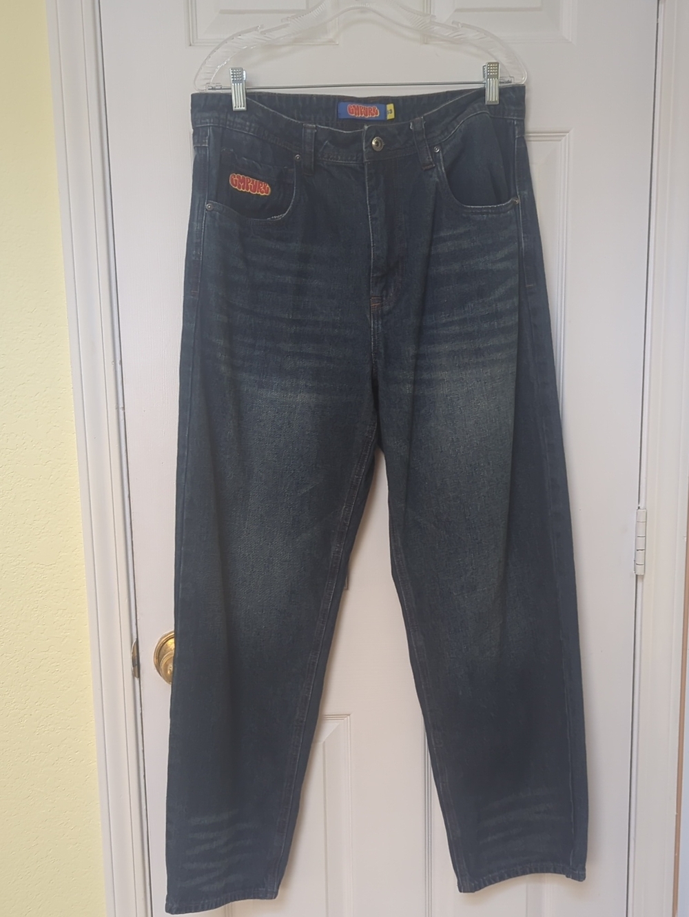 Empire Baggy Mens Dark Blue Jeans - Size 33, Embroidered Pocket Design